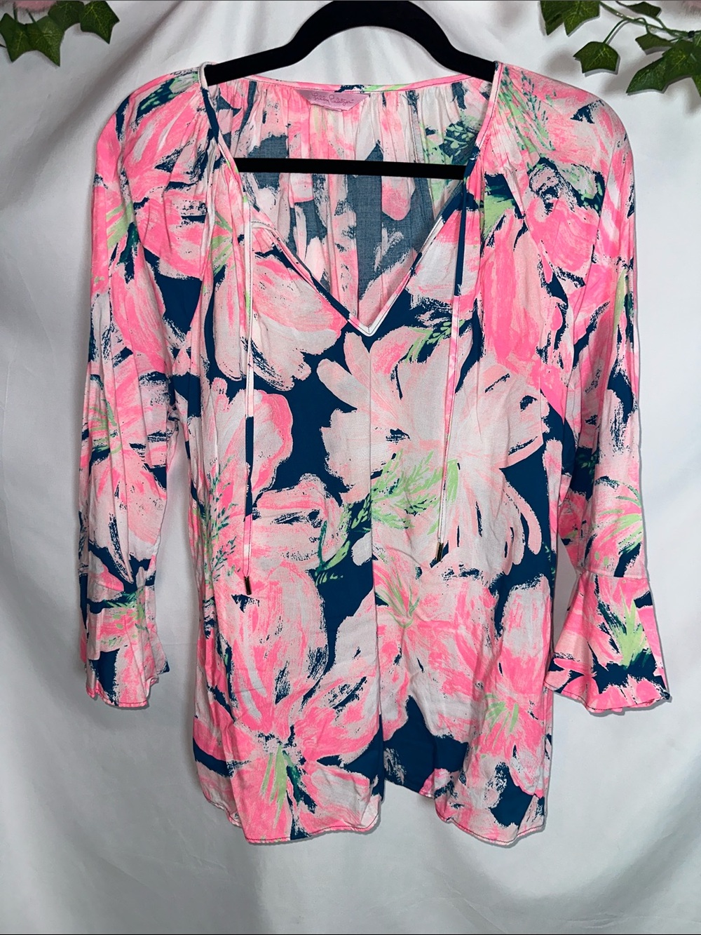Lilly Pulitzer Pink & Navy Floral V-Neck Tie-Front Blouse